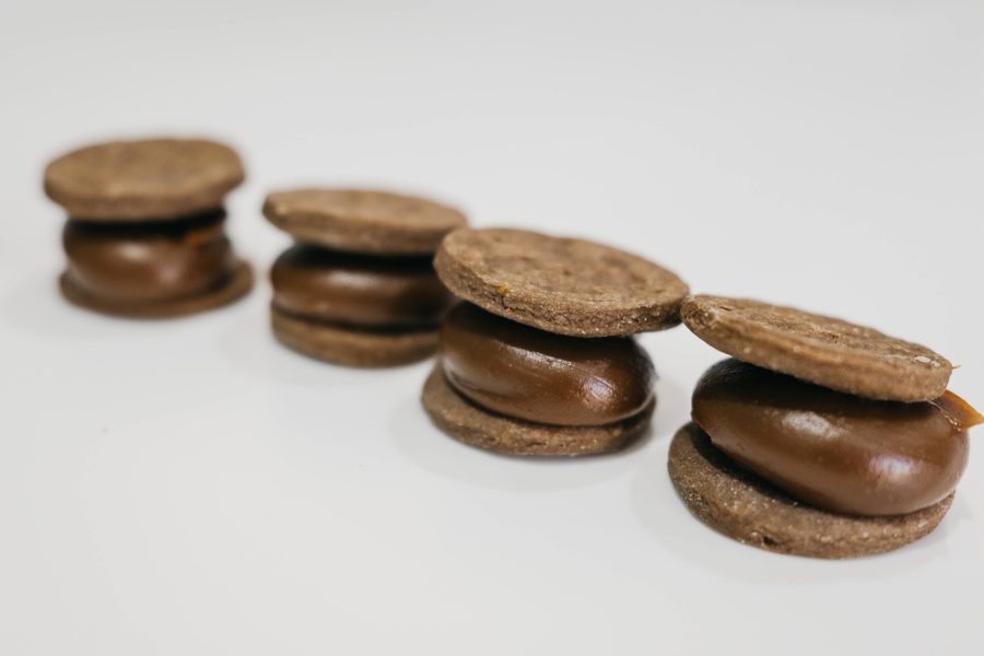 Chocolade-alfajores gevuld met dulce de leche, op een rij