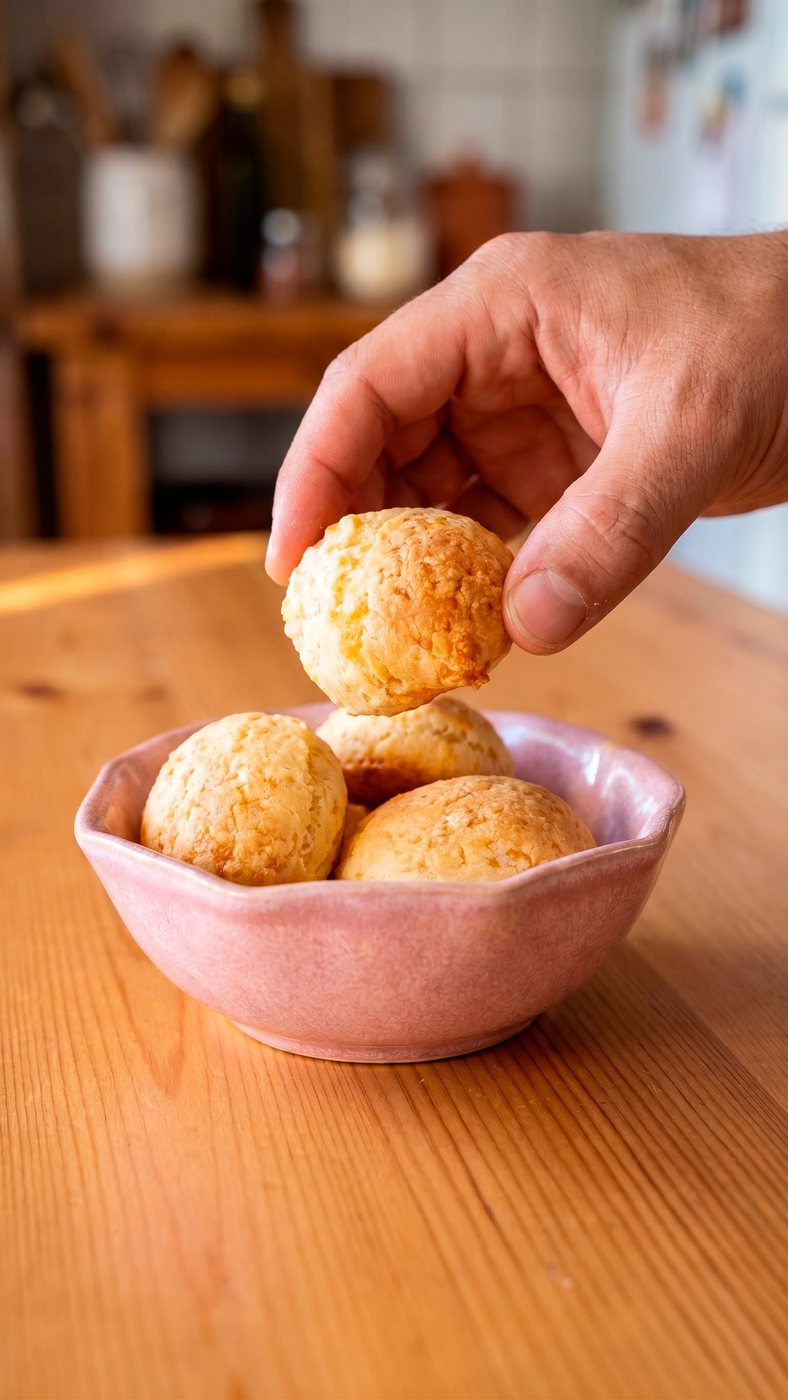 Een hand pakt een warme chipá uit een klein roze keramiek kommetje in een zonnige thuiskeuken